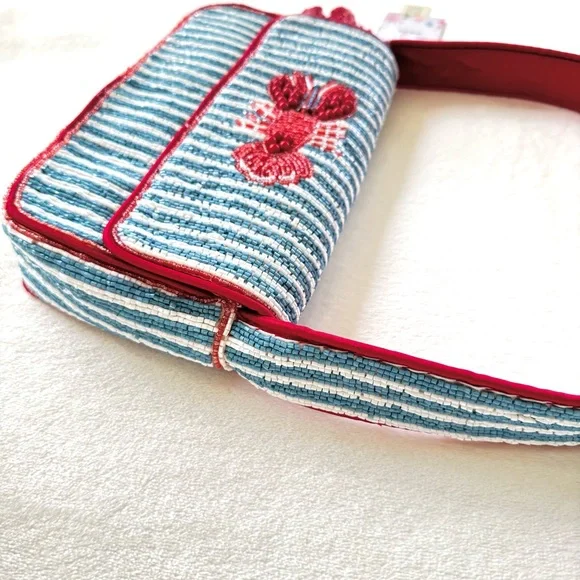 Viral Beaded Light Blue & White Striped Lobster Bag w/ Beaded Lobster Bag Charm - Picture 10 of 15